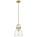 Newton Bell Stem Hung Mini Pendant - Brushed Brass / Clear Seedy