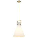 Newton Cone Stem Hung Pendant - Brushed Brass / Matte White