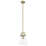 Newton Cone Stem Hung Mini Pendant - Brushed Brass / Clear
