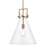 Newton Cone Stem Hung Pendant - Brushed Brass / Clear