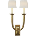 French Double Deco Horn Wall Sconce - Hand Rubbed Antique Brass / Linen