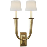 French Double Deco Horn Wall Sconce - Hand-Rubbed Antique Brass / Linen