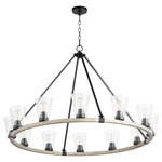 Paxton Chandelier with Glass Shades - Textured Black / Weathered Oak / Clear Seeded