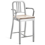1104 Navy Collection Bar/ Counter Stool with Arms - Hand Brushed Aluminum / Ash Plywood