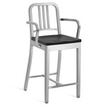 1104 Navy Collection Bar/ Counter Stool with Arms - Hand Brushed Aluminum / Black Oak