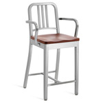 1104 Navy Collection Bar/ Counter Stool with Arms - Hand Brushed Aluminum / Cherry Wood