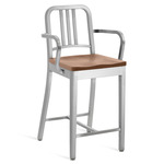1104 Navy Collection Bar/ Counter Stool with Arms - Hand Brushed Aluminum / White Oak