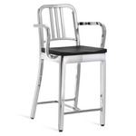 1104 Navy Collection Bar/ Counter Stool with Arms - Hand Polished Aluminum / Black Oak