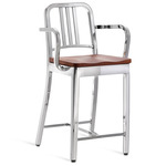 1104 Navy Collection Bar/ Counter Stool with Arms - Hand Polished Aluminum / Cherry Wood