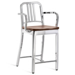 1104 Navy Collection Bar/ Counter Stool with Arms - Hand Polished Aluminum / Walnut