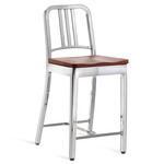 1104 Navy Collection Bar/ Counter Stool - Hand Polished Aluminum / Cherry Wood