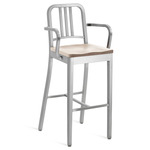 1104 Navy Collection Bar/ Counter Stool with Arms - Hand Brushed Aluminum / Ash Plywood
