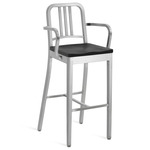 1104 Navy Collection Bar/ Counter Stool with Arms - Hand Brushed Aluminum / Black Oak