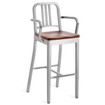 1104 Navy Collection Bar/ Counter Stool with Arms - Hand Brushed Aluminum / Cherry Wood