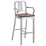 1104 Navy Collection Bar/ Counter Stool with Arms - Hand Brushed Aluminum / Walnut