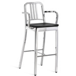 1104 Navy Collection Bar/ Counter Stool with Arms - Hand Polished Aluminum / Black Oak