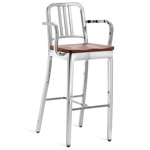 1104 Navy Collection Bar/ Counter Stool with Arms - Hand Polished Aluminum / Cherry Wood