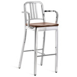 1104 Navy Collection Bar/ Counter Stool with Arms - Hand Polished Aluminum / Walnut