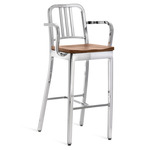 1104 Navy Collection Bar/ Counter Stool with Arms - Hand Polished Aluminum / White Oak