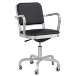 Navy Officer Swivel Armchair - Hand Brushed Aluminum / Black Leather
