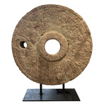 Stone Wheel On Stand Sculpture - Black / Natural