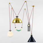 Shape Up Five Light Chandelier - Brushed Brass / Black Cone / Brass Dome