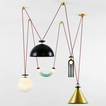 Shape Up Five Light Chandelier - Brushed Brass / Brass Cone / Black Dome