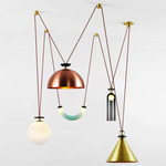 Shape Up Five Light Chandelier - Brushed Brass / Brass Cone / Copper Dome