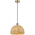 Woven Rattan Cord Hung Pendant - Antique Brass / Rattan