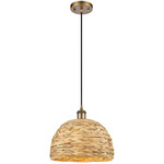 Woven Rattan Cord Hung Pendant - Brushed Brass / Rattan