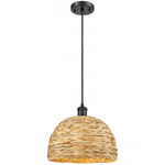 Woven Rattan Cord Hung Pendant - Matte Black / Rattan