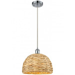 Woven Rattan Cord Hung Pendant - Polished Chrome / Rattan