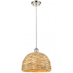 Woven Rattan Cord Hung Pendant - Polished Nickel / Rattan