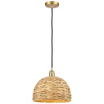 Woven Rattan Cord Hung Pendant - Satin Gold / Rattan