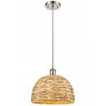 Woven Rattan Cord Hung Pendant - Satin Nickel / Rattan