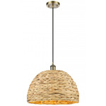 Woven Rattan Cord Hung Pendant - Antique Brass / Rattan