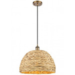 Woven Rattan Cord Hung Pendant - Brushed Brass / Rattan