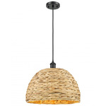 Woven Rattan Cord Hung Pendant - Matte Black / Rattan