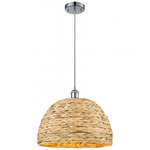 Woven Rattan Cord Hung Pendant - Polished Chrome / Rattan