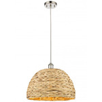 Woven Rattan Cord Hung Pendant - Polished Nickel / Rattan