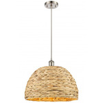 Woven Rattan Cord Hung Pendant - Satin Nickel / Rattan