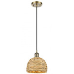 Woven Rattan Cord Hung Pendant - Antique Brass / Rattan