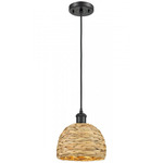 Woven Rattan Cord Hung Pendant - Matte Black / Rattan