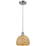 Woven Rattan Cord Hung Pendant - Polished Chrome / Rattan
