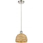 Woven Rattan Cord Hung Pendant - Polished Nickel / Rattan