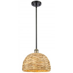 Woven Rattan Stem Hung Pendant - Matte Black / Antique Brass / Rattan
