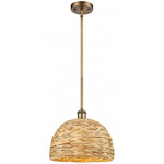 Woven Rattan Stem Hung Pendant - Brushed Brass / Rattan