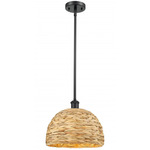 Woven Rattan Stem Hung Pendant - Matte Black / Rattan