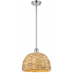 Woven Rattan Stem Hung Pendant - Polished Chrome / Rattan