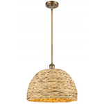 Woven Rattan Stem Hung Pendant - Brushed Brass / Rattan